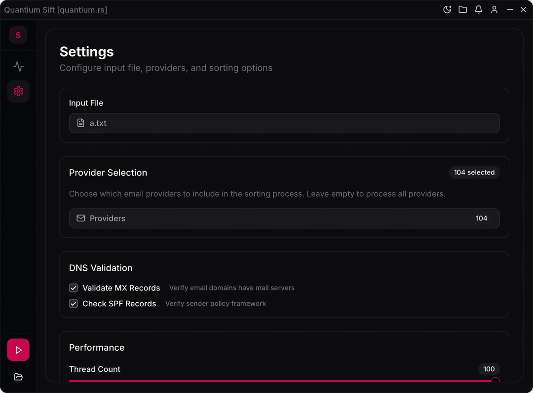 Sift settings interface with configuration options
