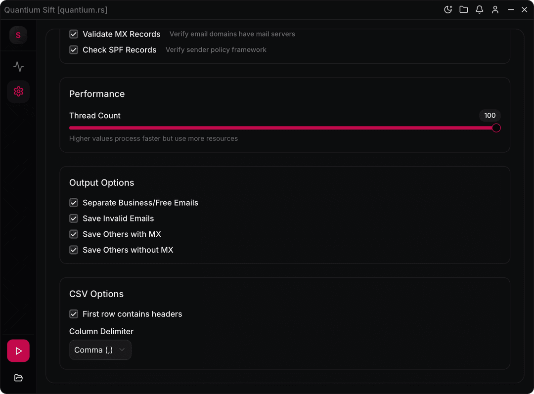 Sift advanced settings and output options