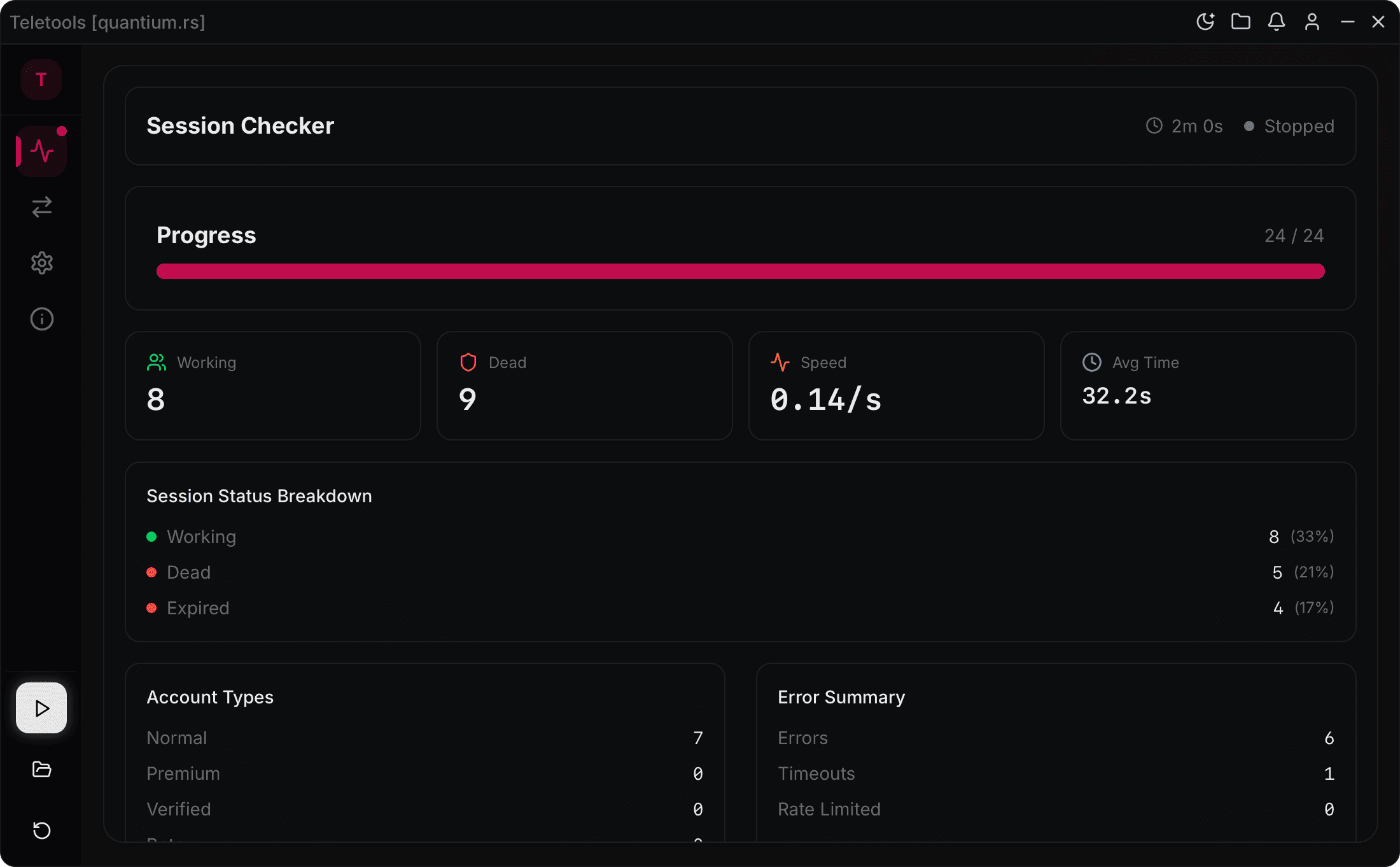 Teletools session checker interface