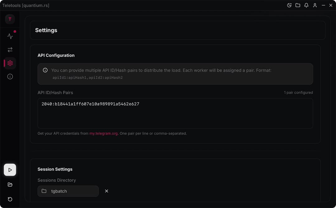 Teletools settings interface